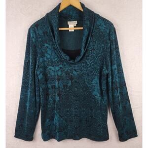 Coldwater Creek M Top Long Sleeve Pullover Cowl Neck Tunic Green Black Casual